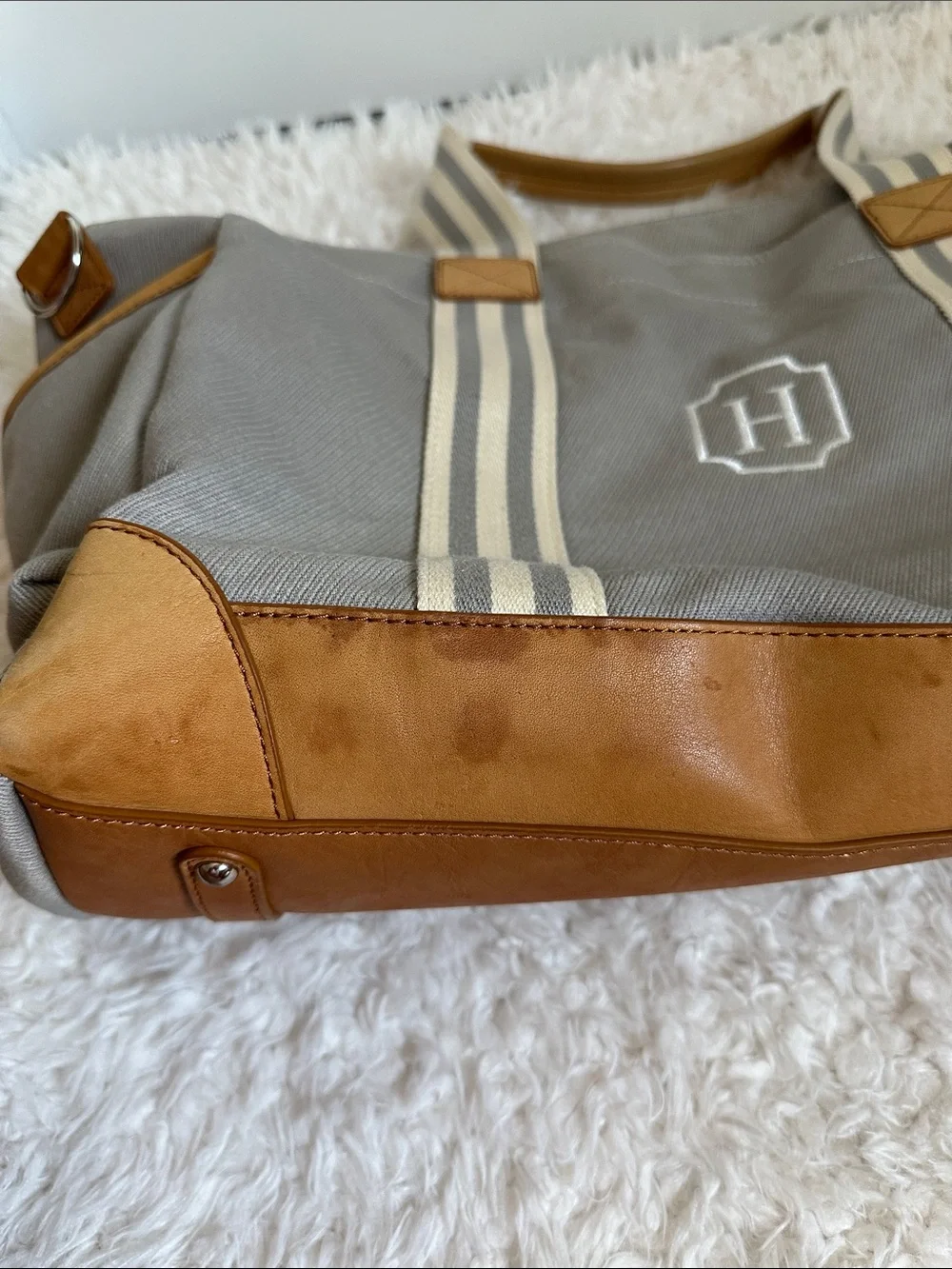 Pottery Barn Kids Monogram Canvas Diaper Bag in Gray with Striped Handles